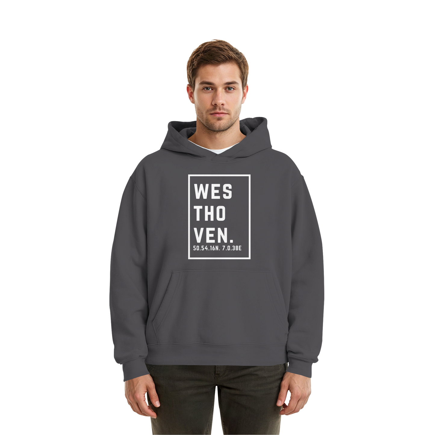 Westhoven Koordinaten (großer Druck auf der Brust) - Fluffy Boxcut Hoodie