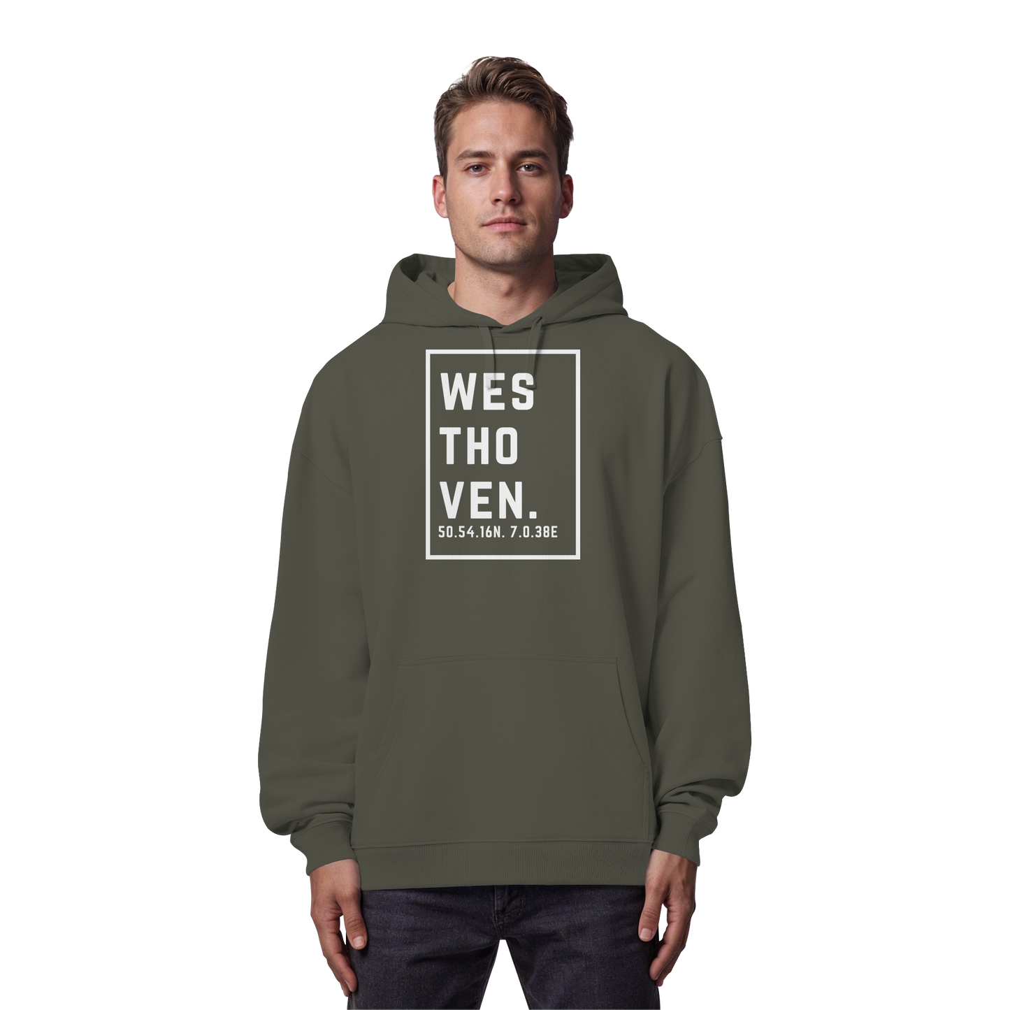 Westhoven Koordinaten (großer Druck auf der Brust) - Organic Oversize Hoodie