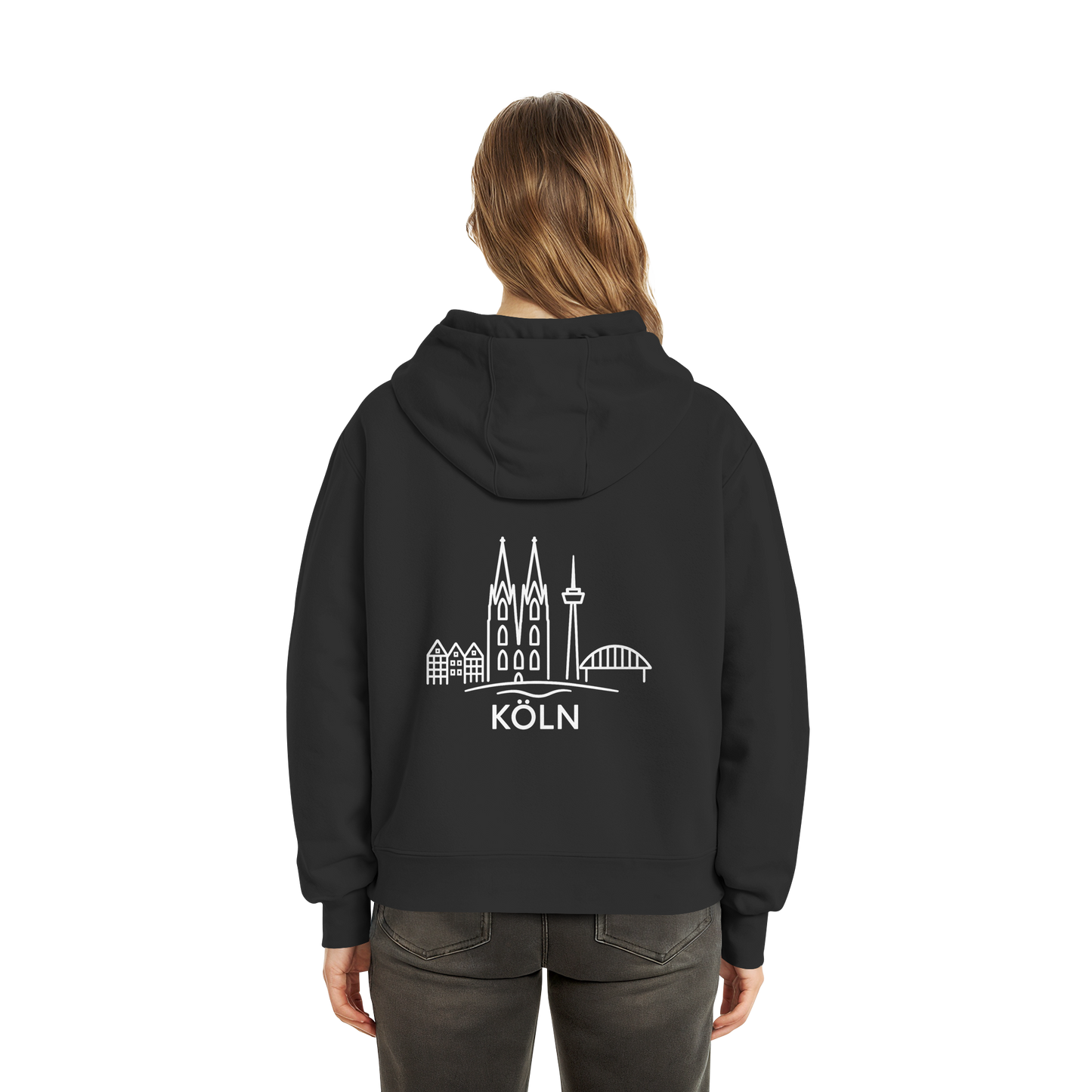 Köln Skyline (großer Druck auf dem Rücken) - Fluffy Boxcut Hoodie