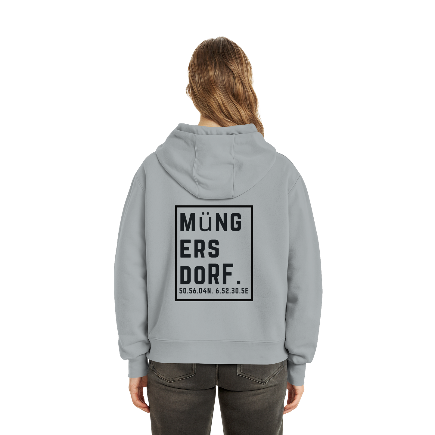 Müngersdorf Koordinaten (großer Druck auf dem Rücken) - Fluffy Boxcut Hoodie
