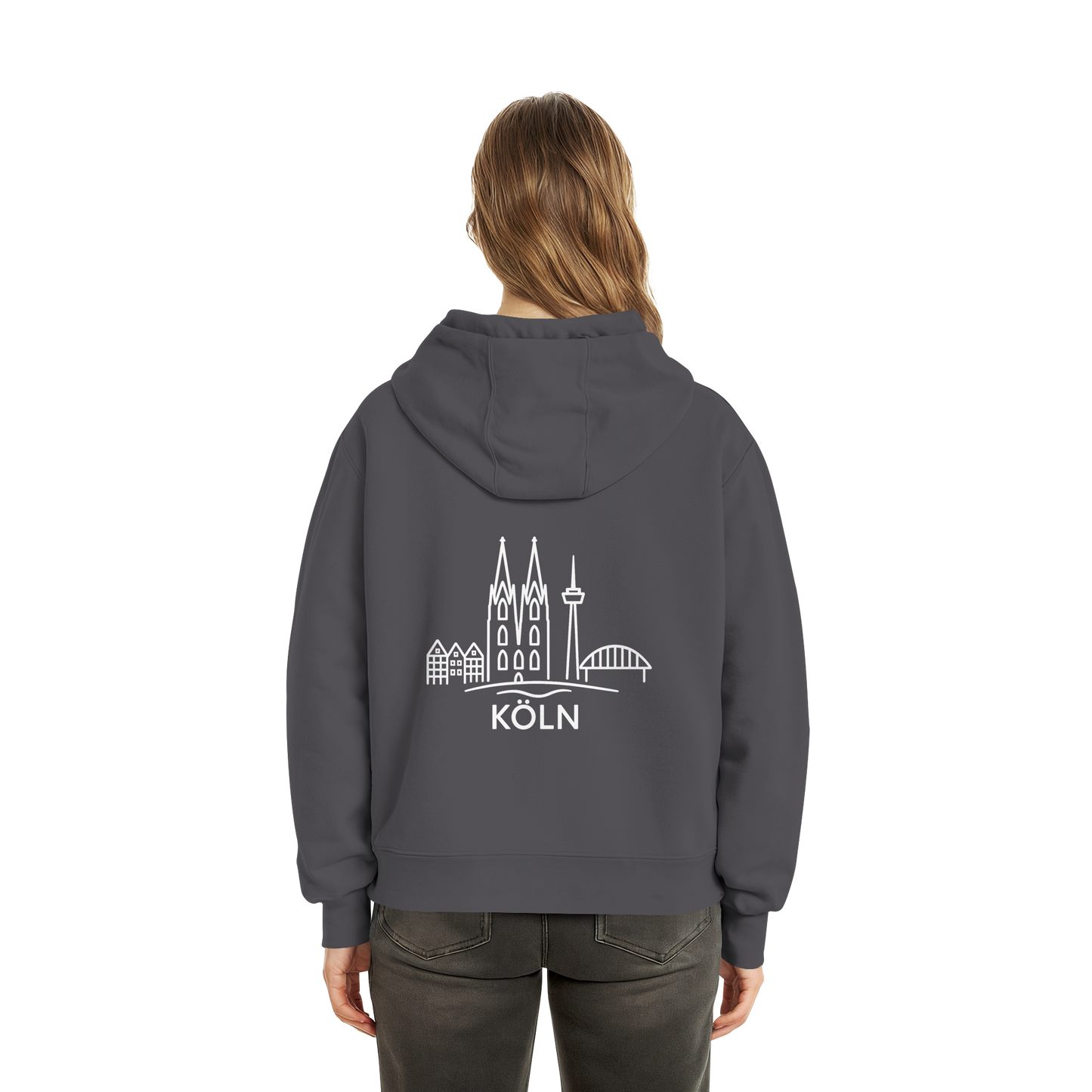 Köln Skyline (großer Druck auf dem Rücken) - Fluffy Boxcut Hoodie