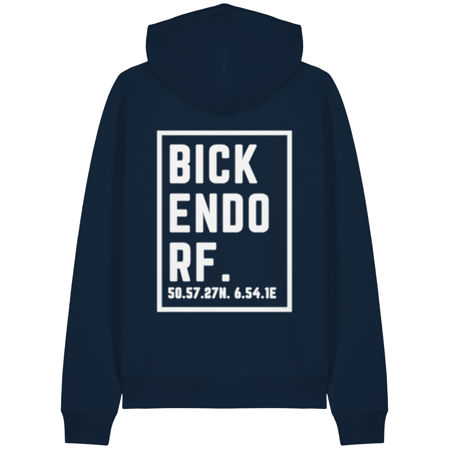 Bickendorf Koordinaten (großer Druck auf dem Rücken) - Organic Raglan Hoodie
