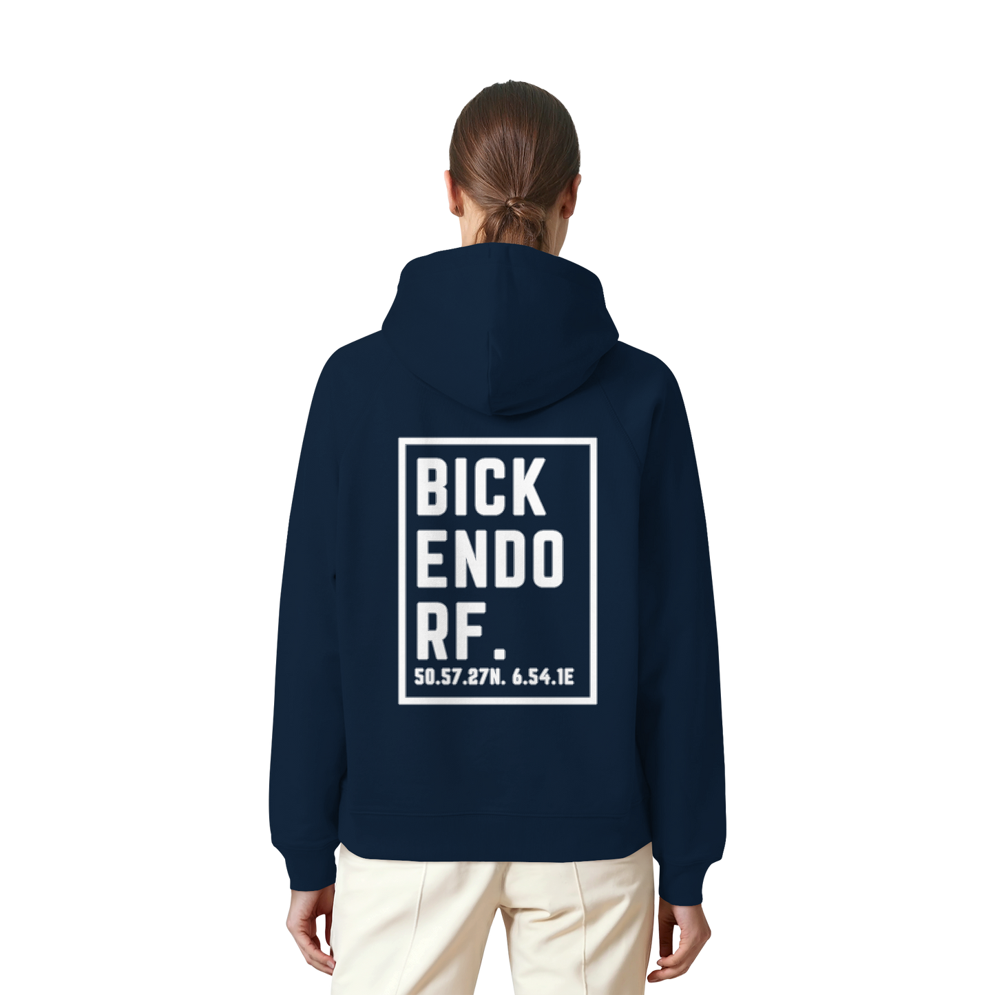 Bickendorf Koordinaten (großer Druck auf dem Rücken) - Organic Raglan Hoodie