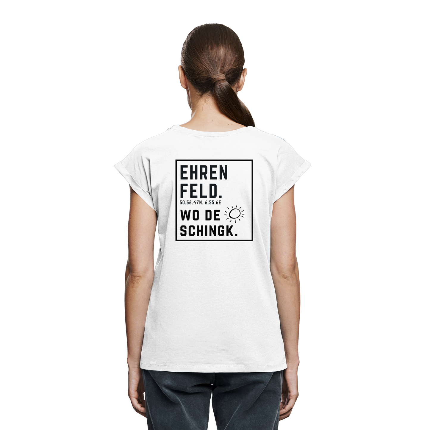 Wo de Sonn schingk - Ehrenfeld Druck Rücken - Womens Extended Shoulder T-Shirt