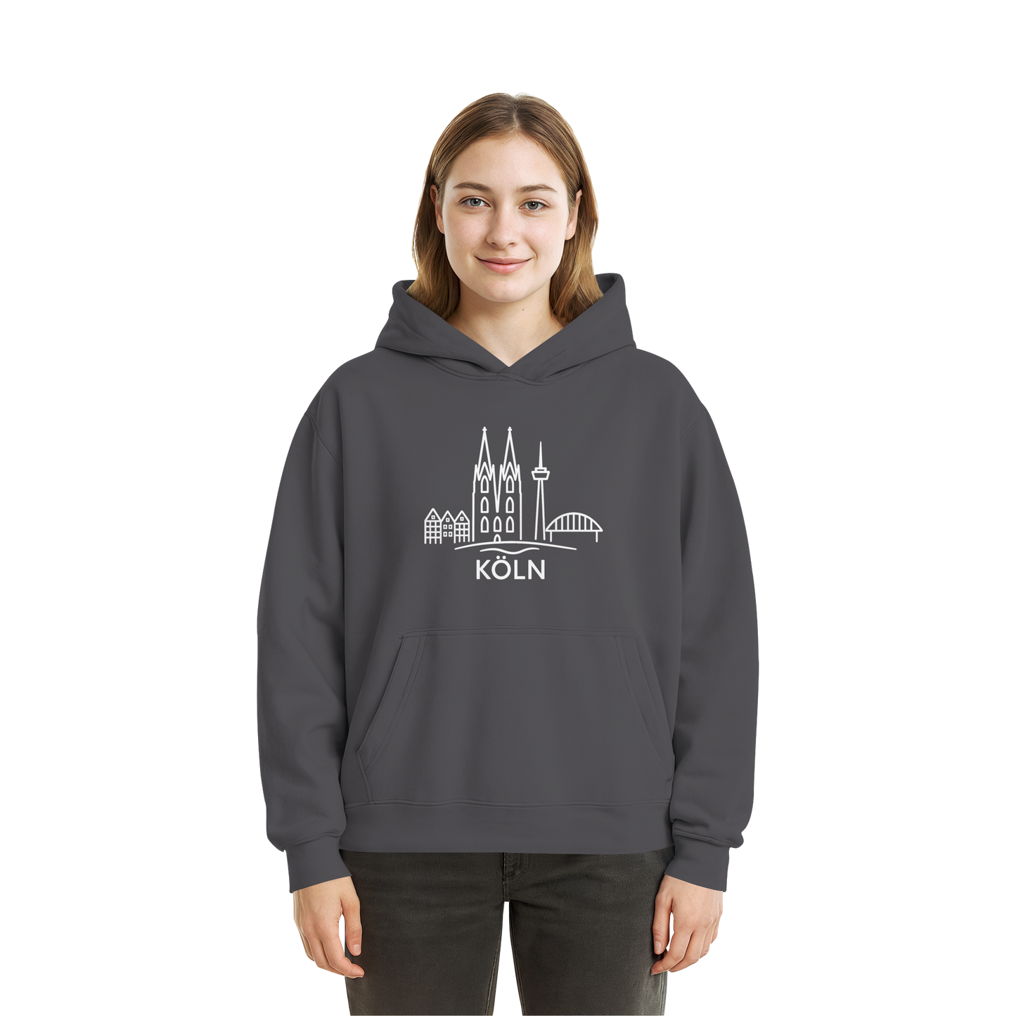 Köln Skyline (großer Druck auf der Brust) - Fluffy Boxcut Hoodie