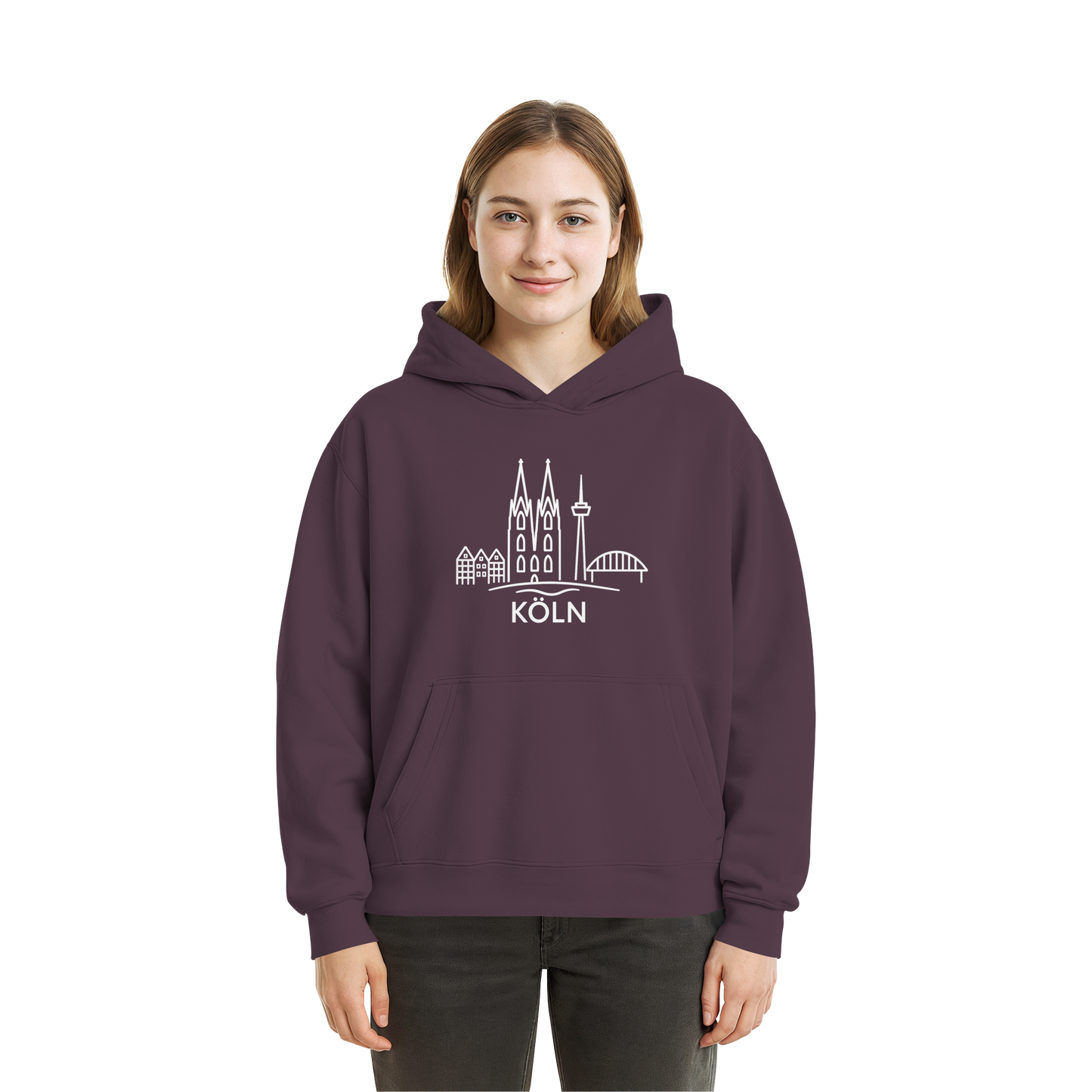 Köln Skyline (großer Druck auf der Brust) - Fluffy Boxcut Hoodie