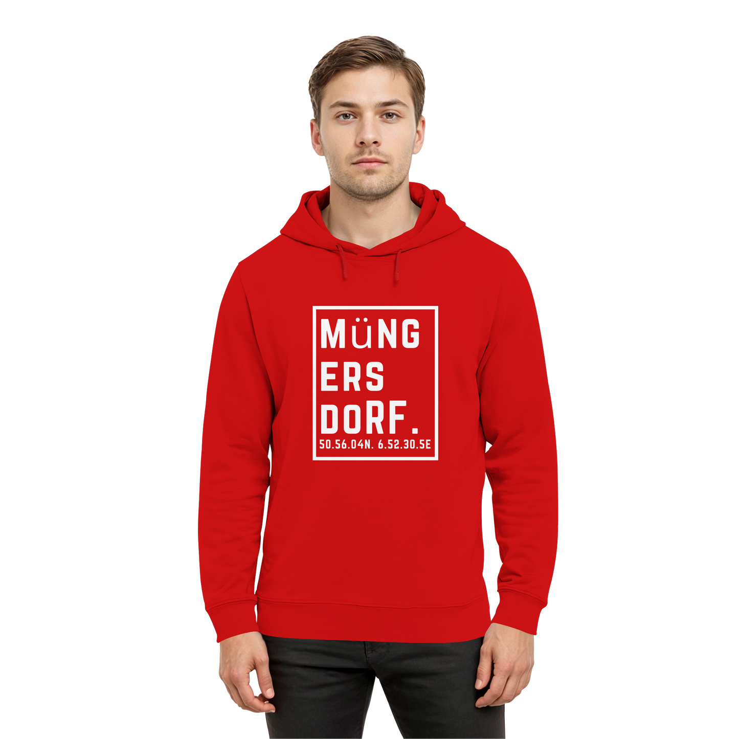 Müngersdorf Koordinaten (großer Druck auf der Brust) - Organic Hoodie B&C