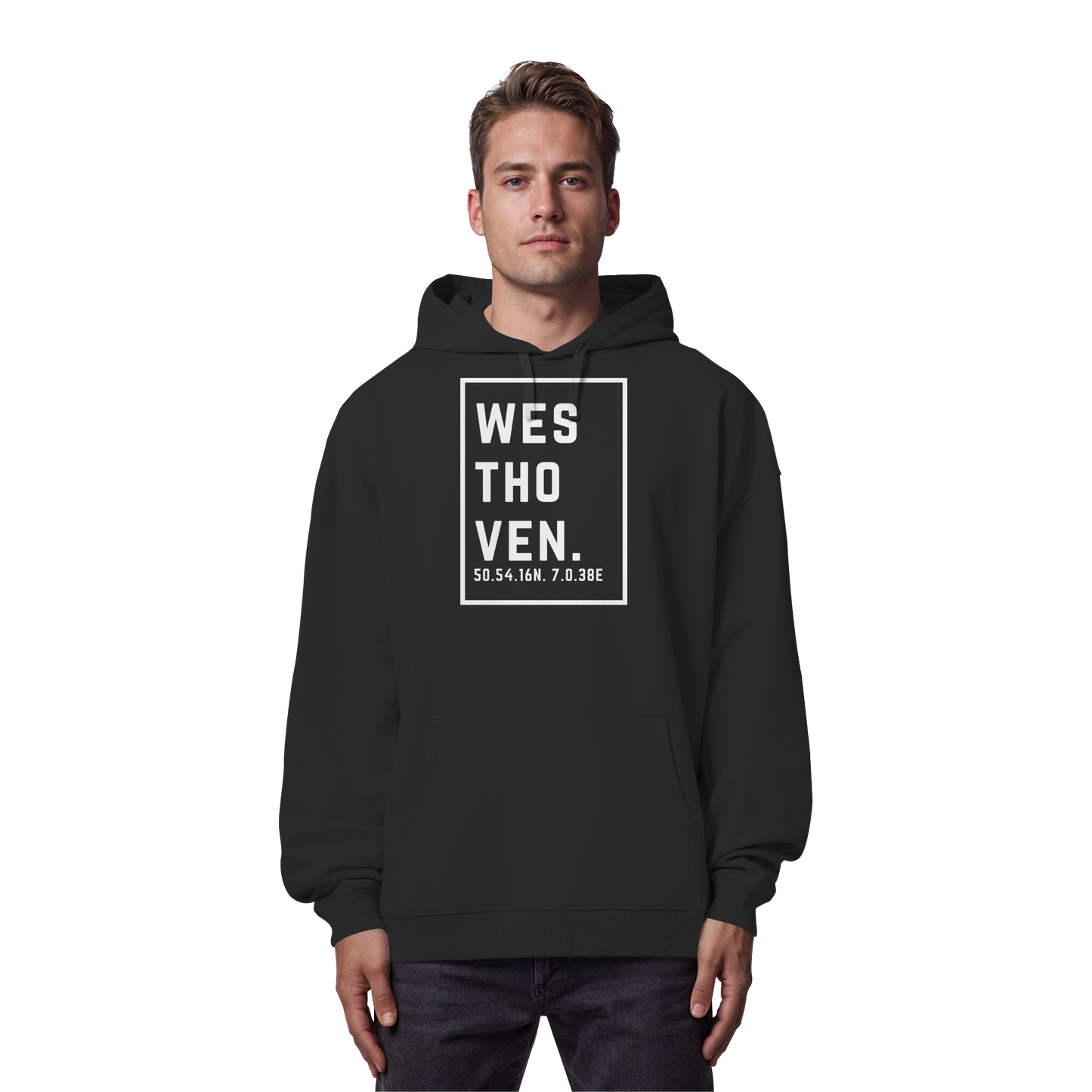 Westhoven Koordinaten (großer Druck auf der Brust) - Organic Oversize Hoodie