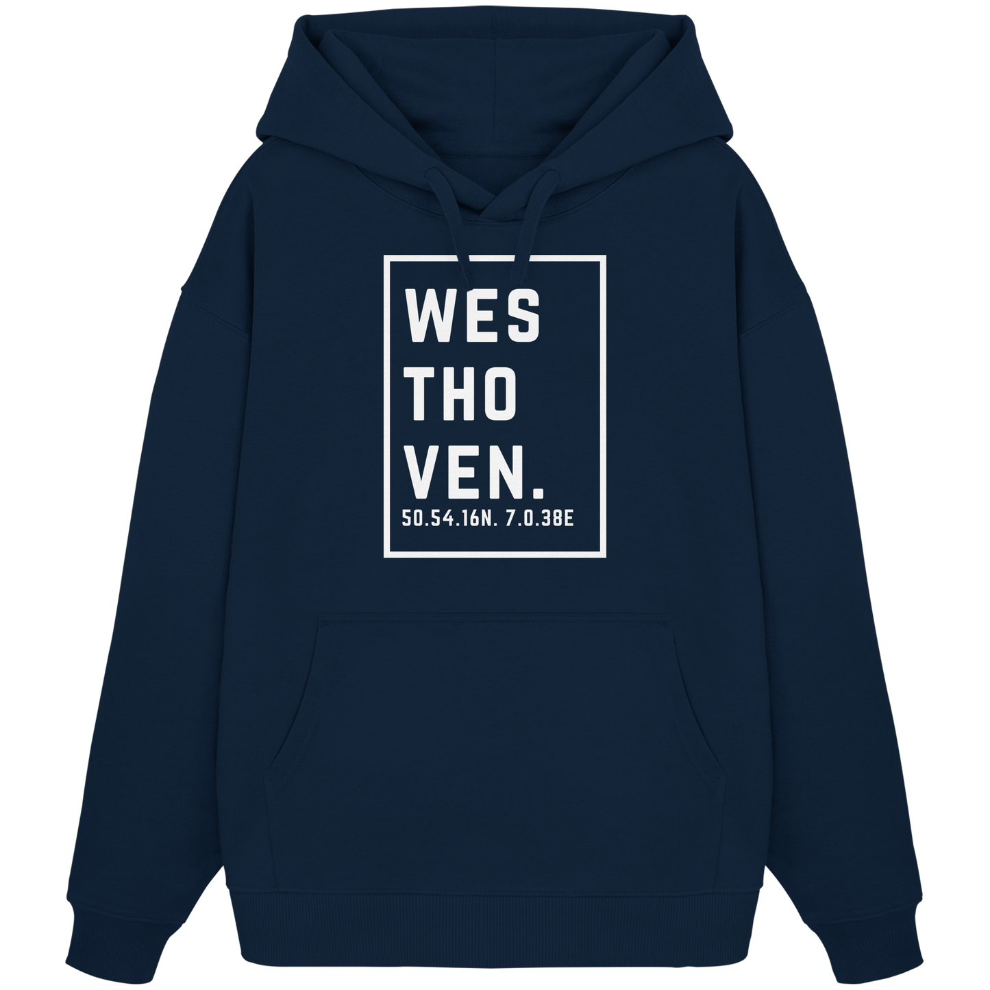 Westhoven Koordinaten (großer Druck auf der Brust) - Organic Oversize Hoodie
