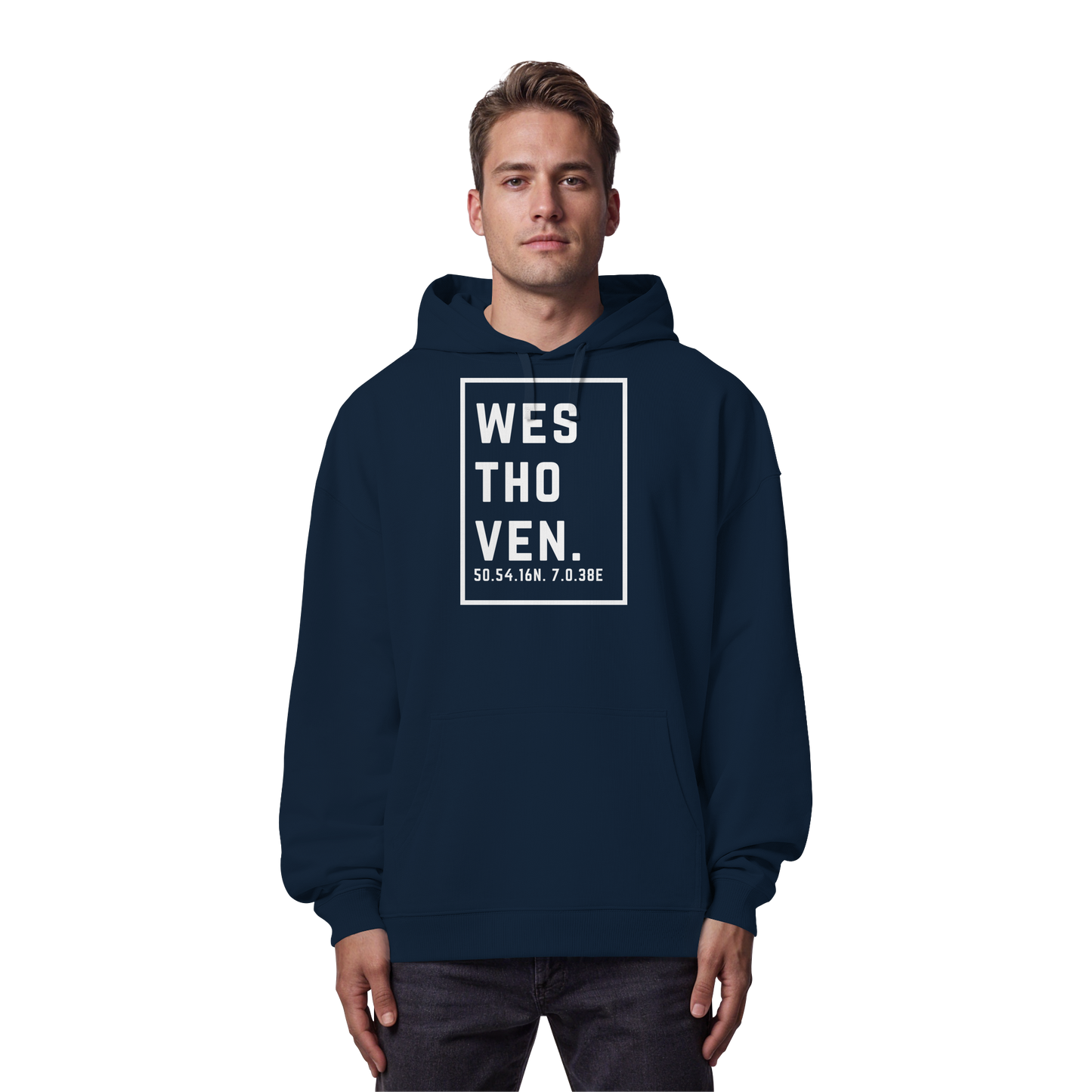 Westhoven Koordinaten (großer Druck auf der Brust) - Organic Oversize Hoodie