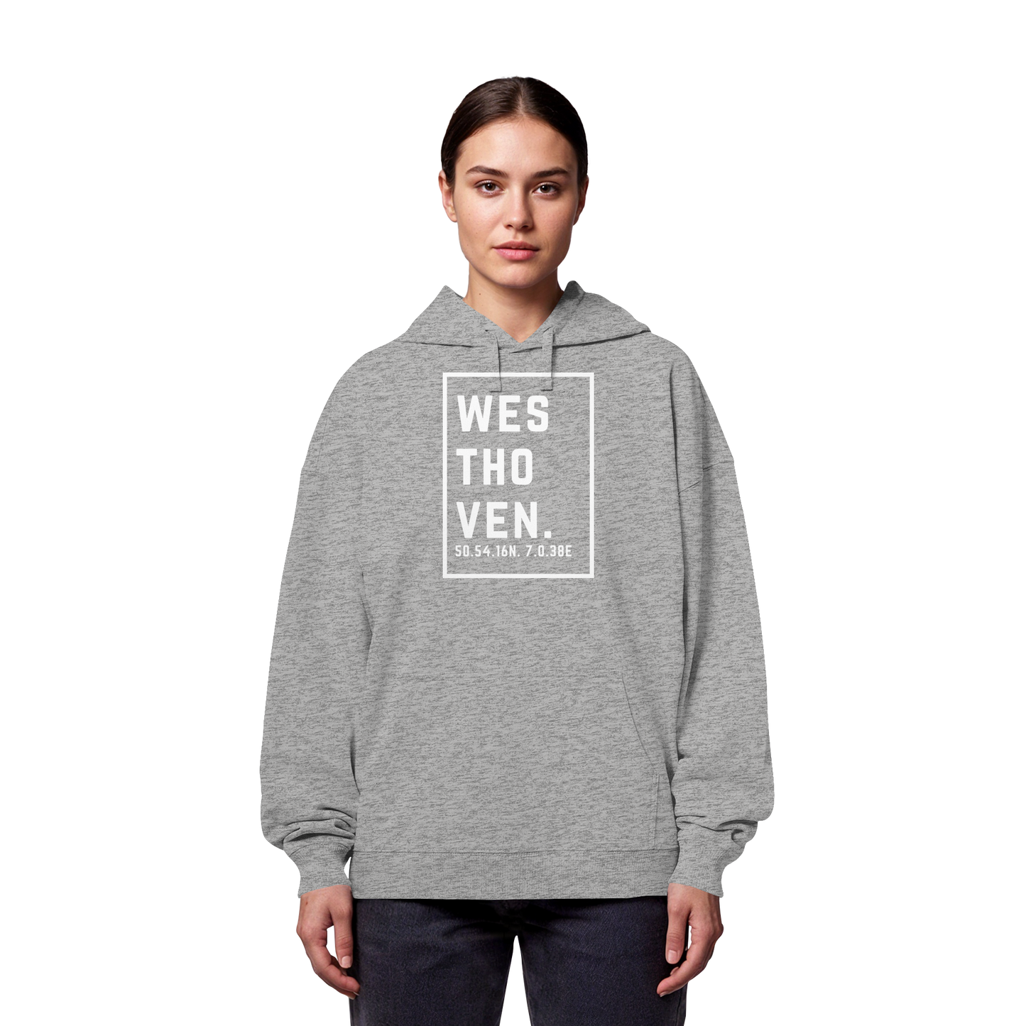 Westhoven Koordinaten (großer Druck auf der Brust) - Organic Oversize Hoodie