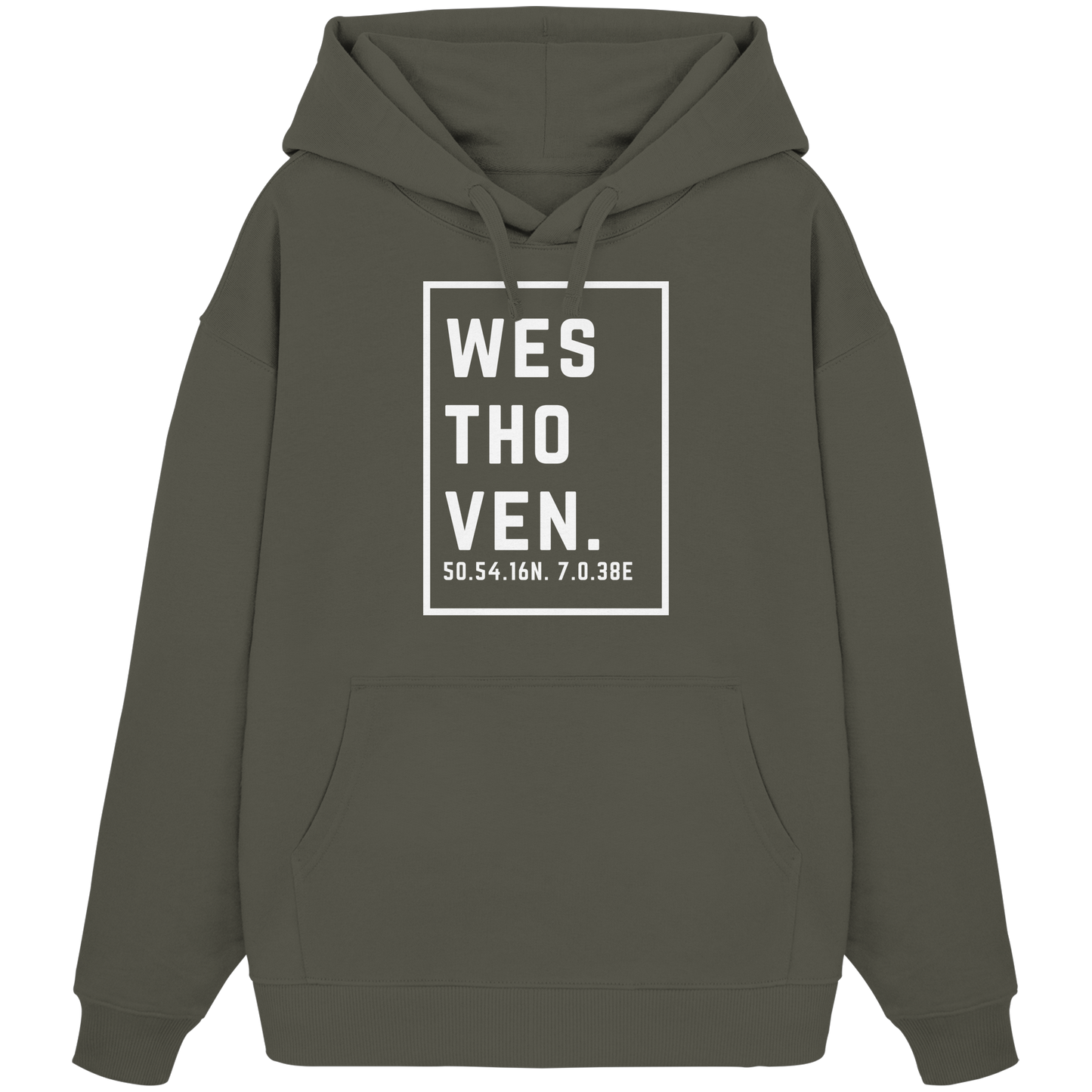 Westhoven Koordinaten (großer Druck auf der Brust) - Organic Oversize Hoodie