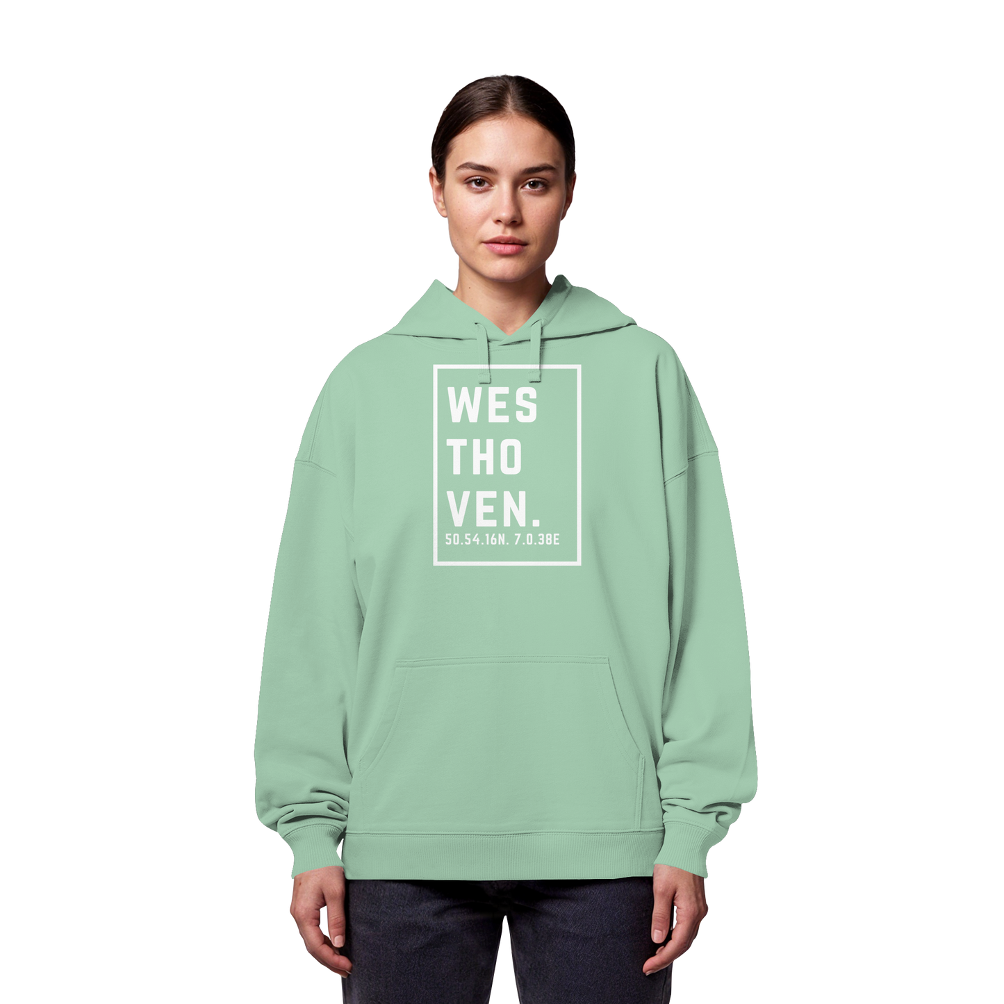 Westhoven Koordinaten (großer Druck auf der Brust) - Organic Oversize Hoodie