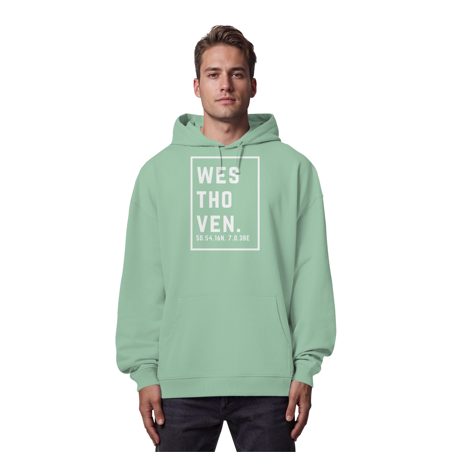 Westhoven Koordinaten (großer Druck auf der Brust) - Organic Oversize Hoodie