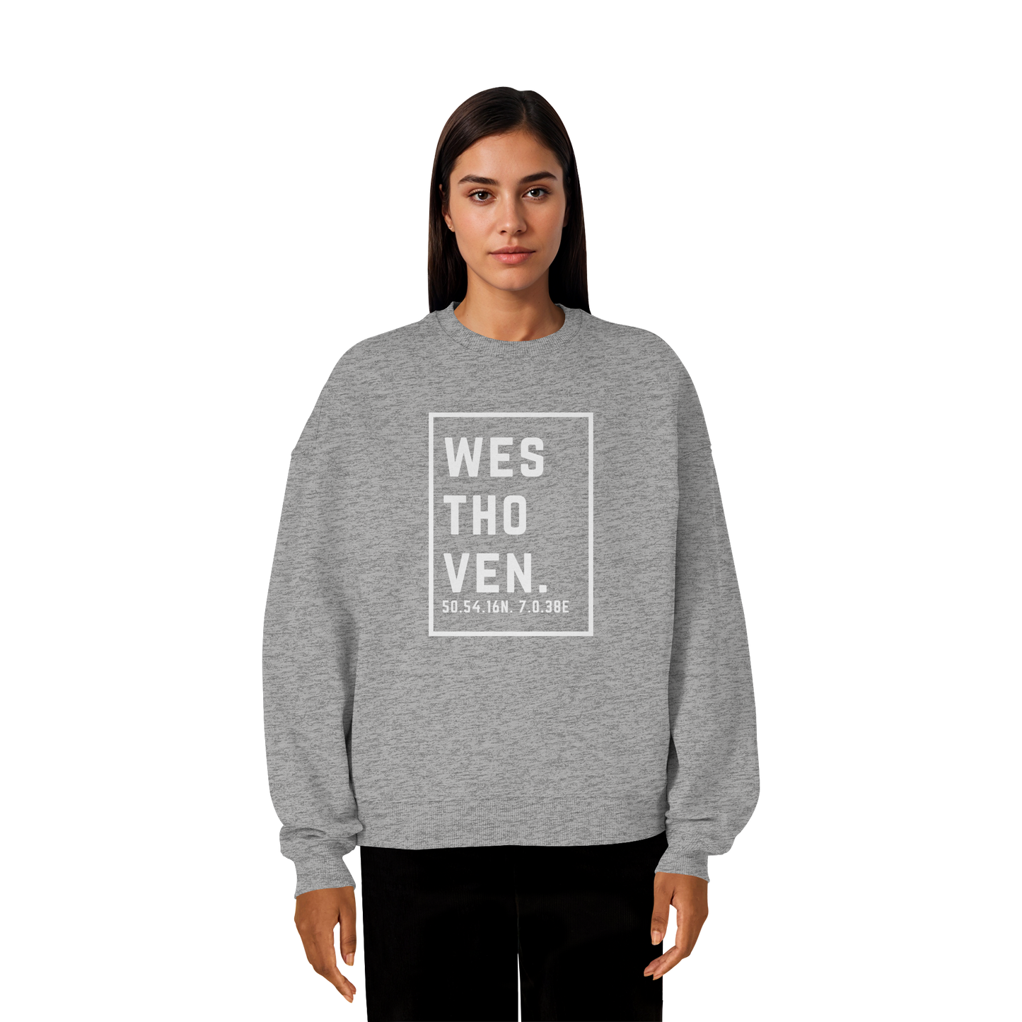 Westhoven Koordinaten (großer Druck auf der Brust) - Organic Oversize Sweatshirt