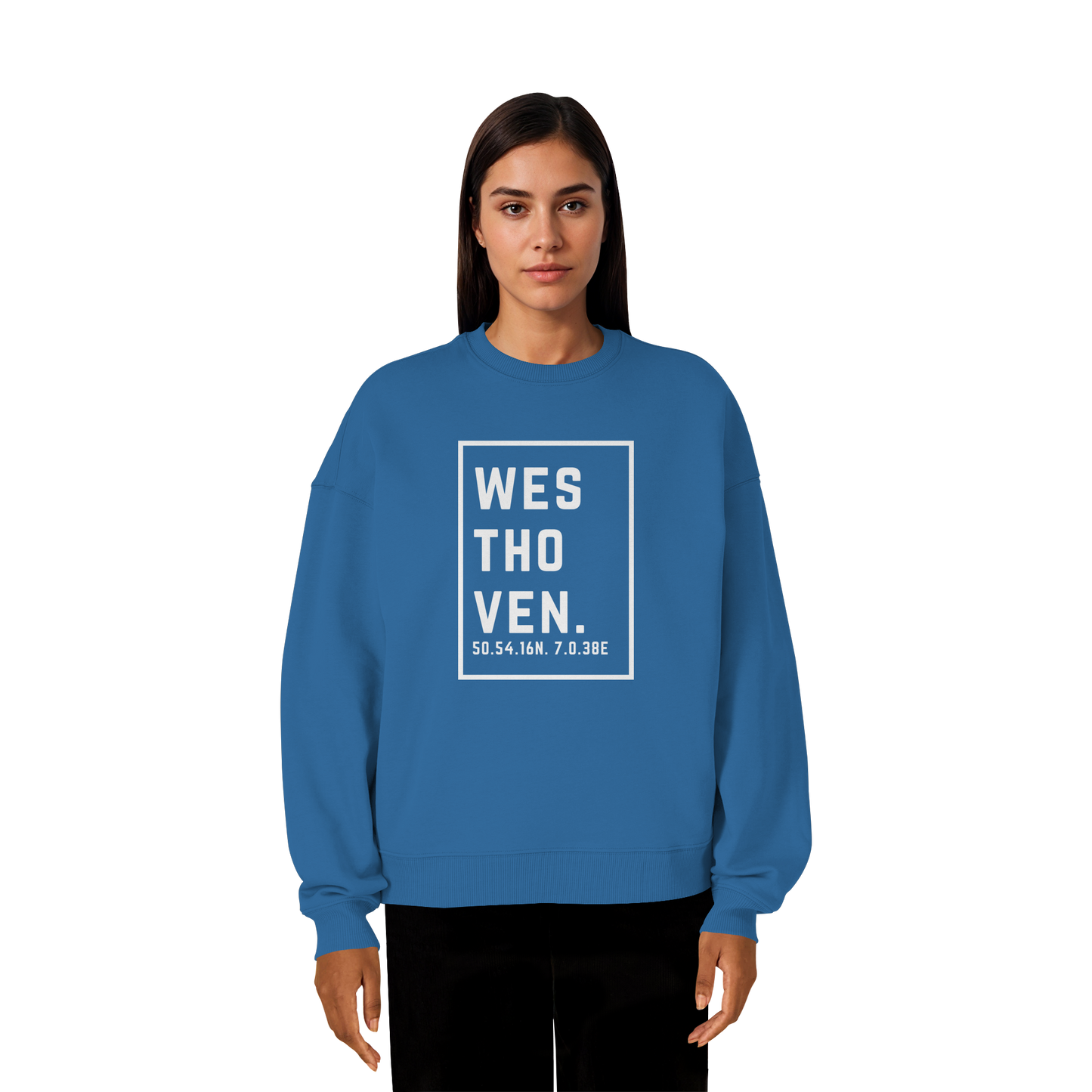 Westhoven Koordinaten (großer Druck auf der Brust) - Organic Oversize Sweatshirt