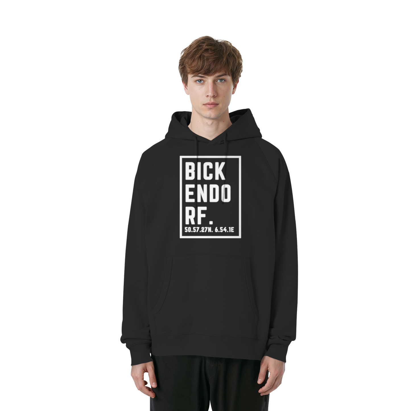 Bickendorf Koordinaten (großer Druck auf der Brust) - Organic Raglan Hoodie