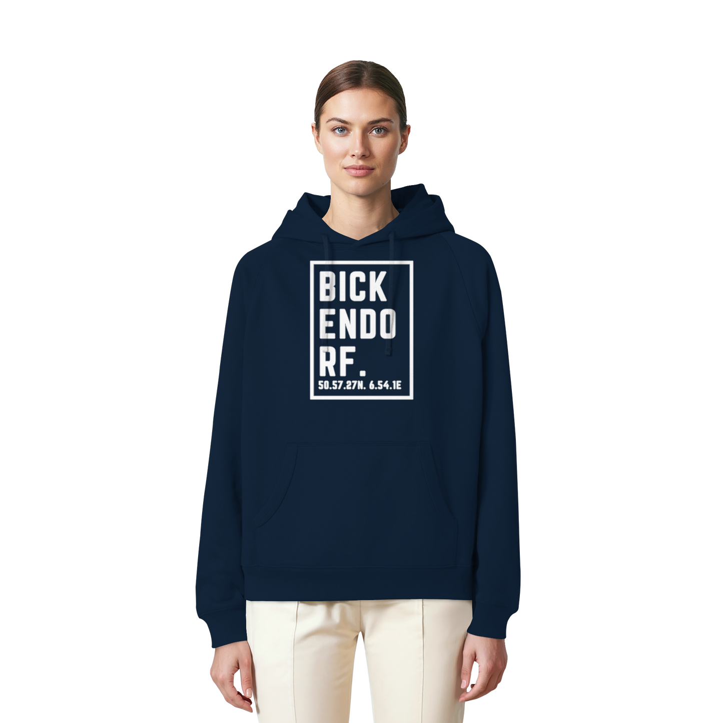 Bickendorf Koordinaten (großer Druck auf der Brust) - Organic Raglan Hoodie