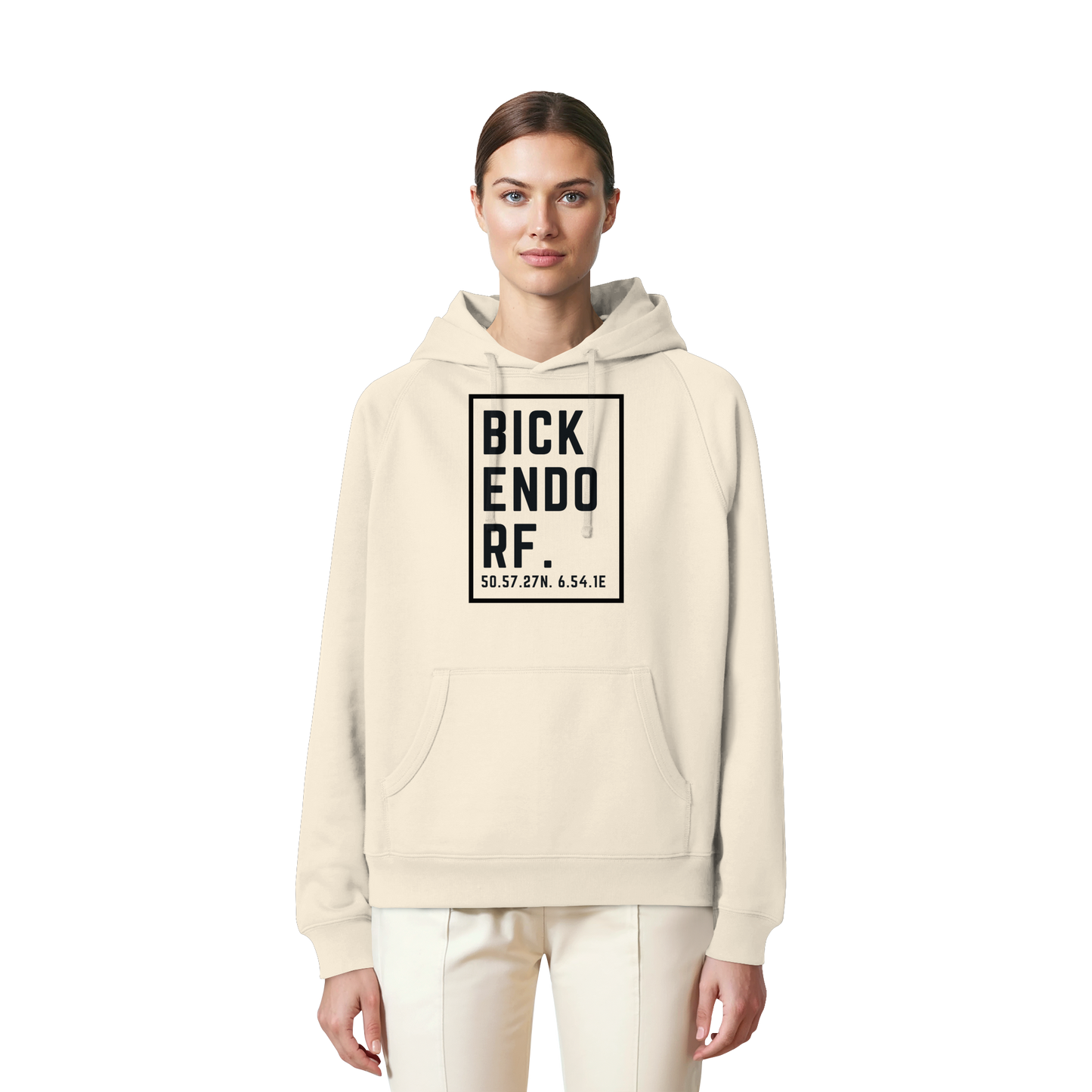Bickendorf Koordinaten (großer Druck auf der Brust) - Organic Raglan Hoodie