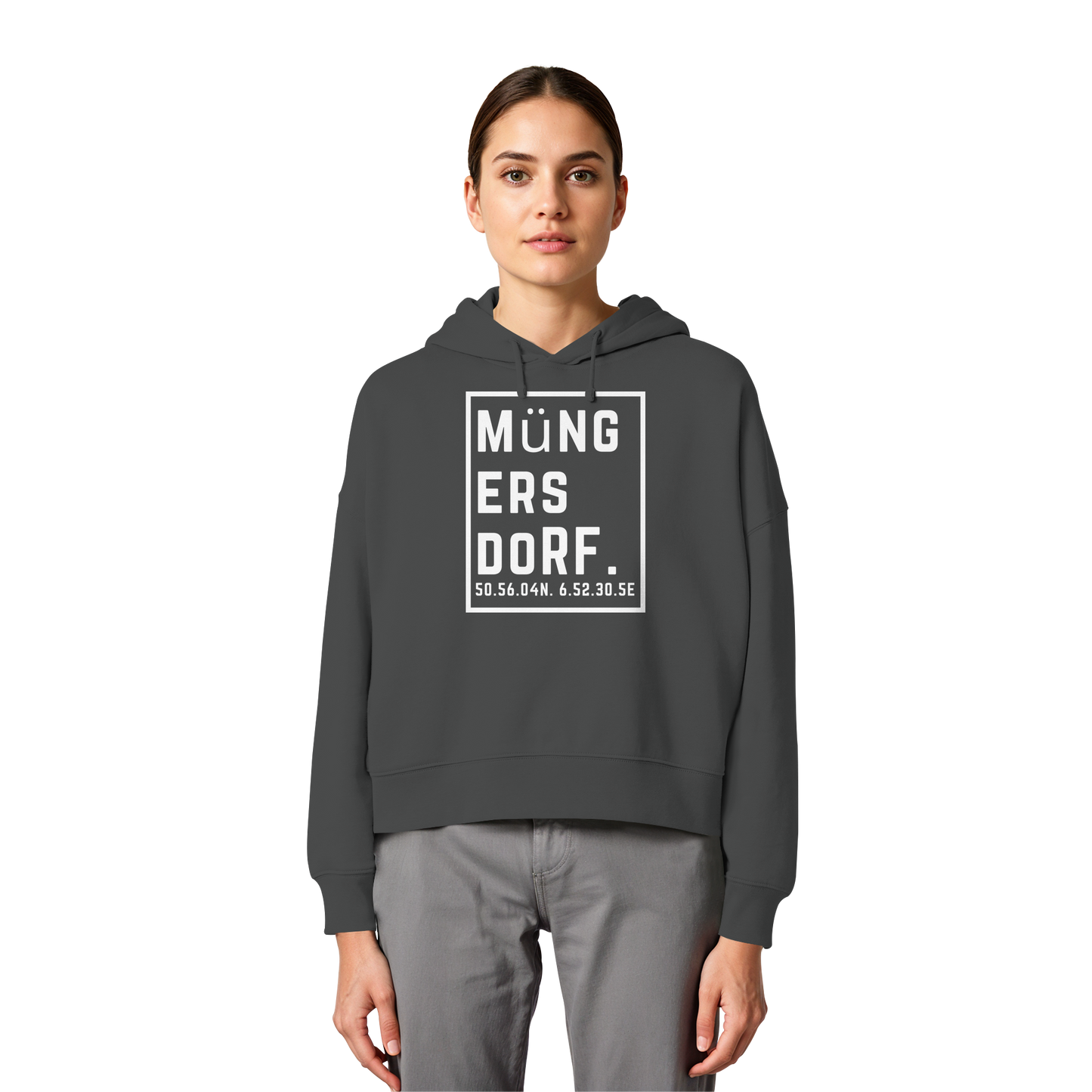 Müngersdorf Koordinaten (großer Druck auf der Brust) - Womens Organic Boxcut Hoodie