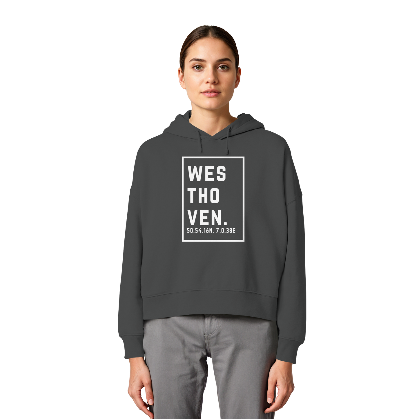 Westhoven Koordinaten (großer Druck auf der Brust) - Womens Organic Boxcut Hoodie