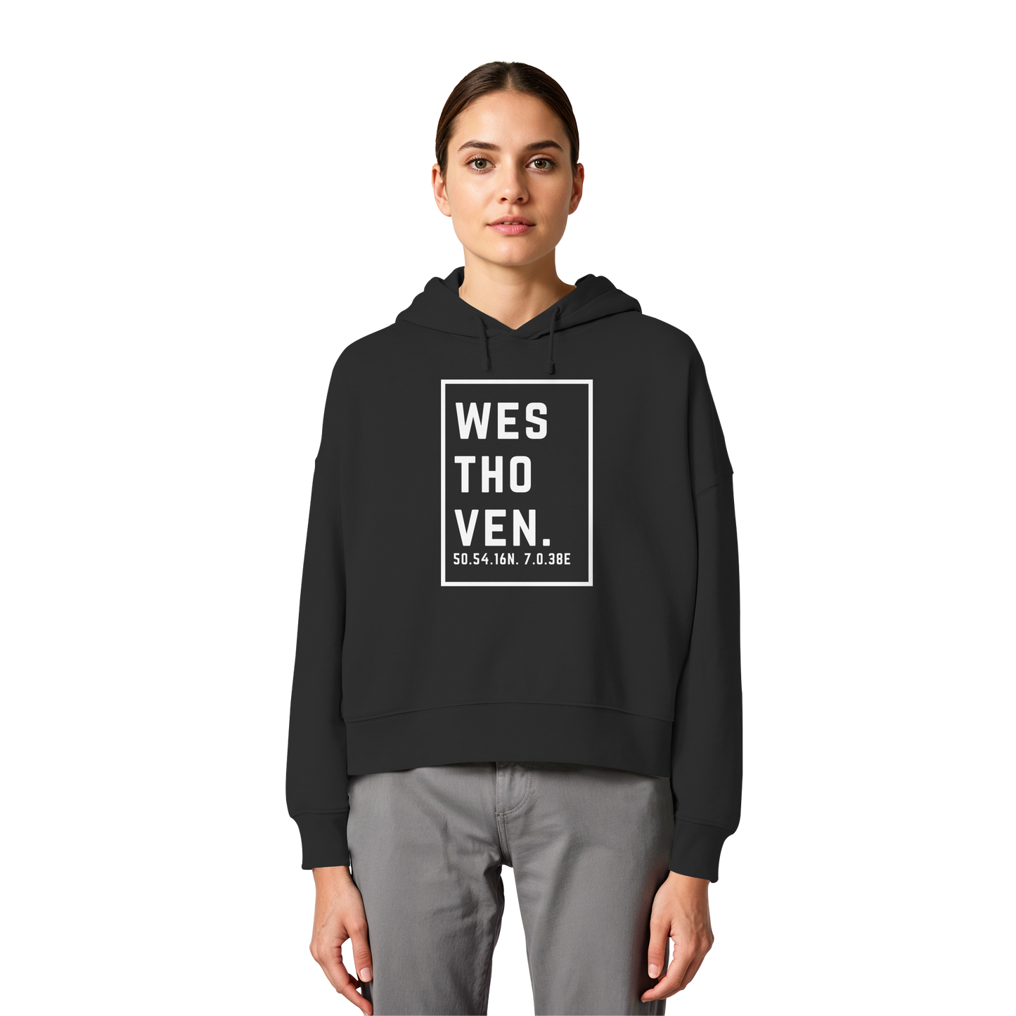 Westhoven Koordinaten (großer Druck auf der Brust) - Womens Organic Boxcut Hoodie