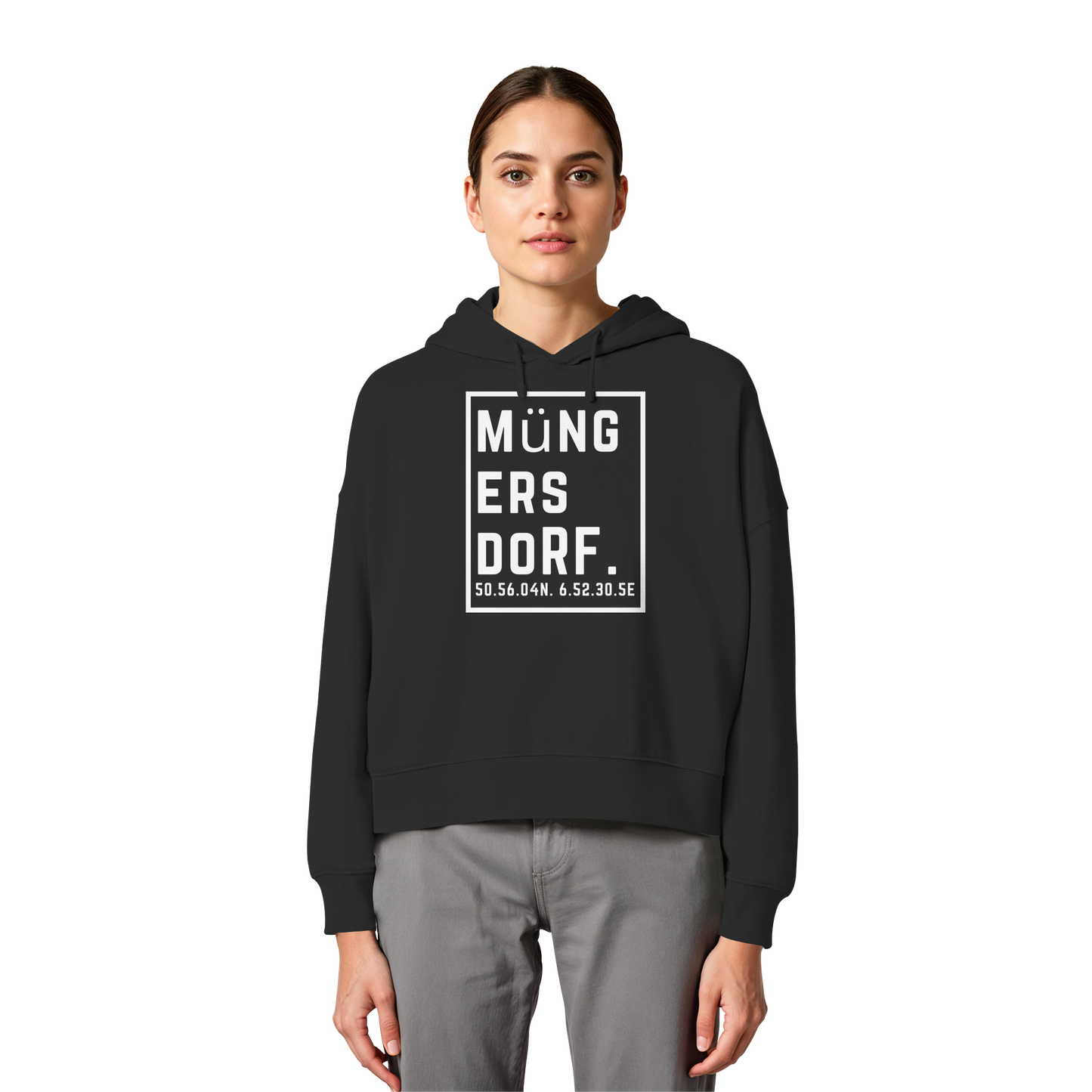 Müngersdorf Koordinaten (großer Druck auf der Brust) - Womens Organic Boxcut Hoodie