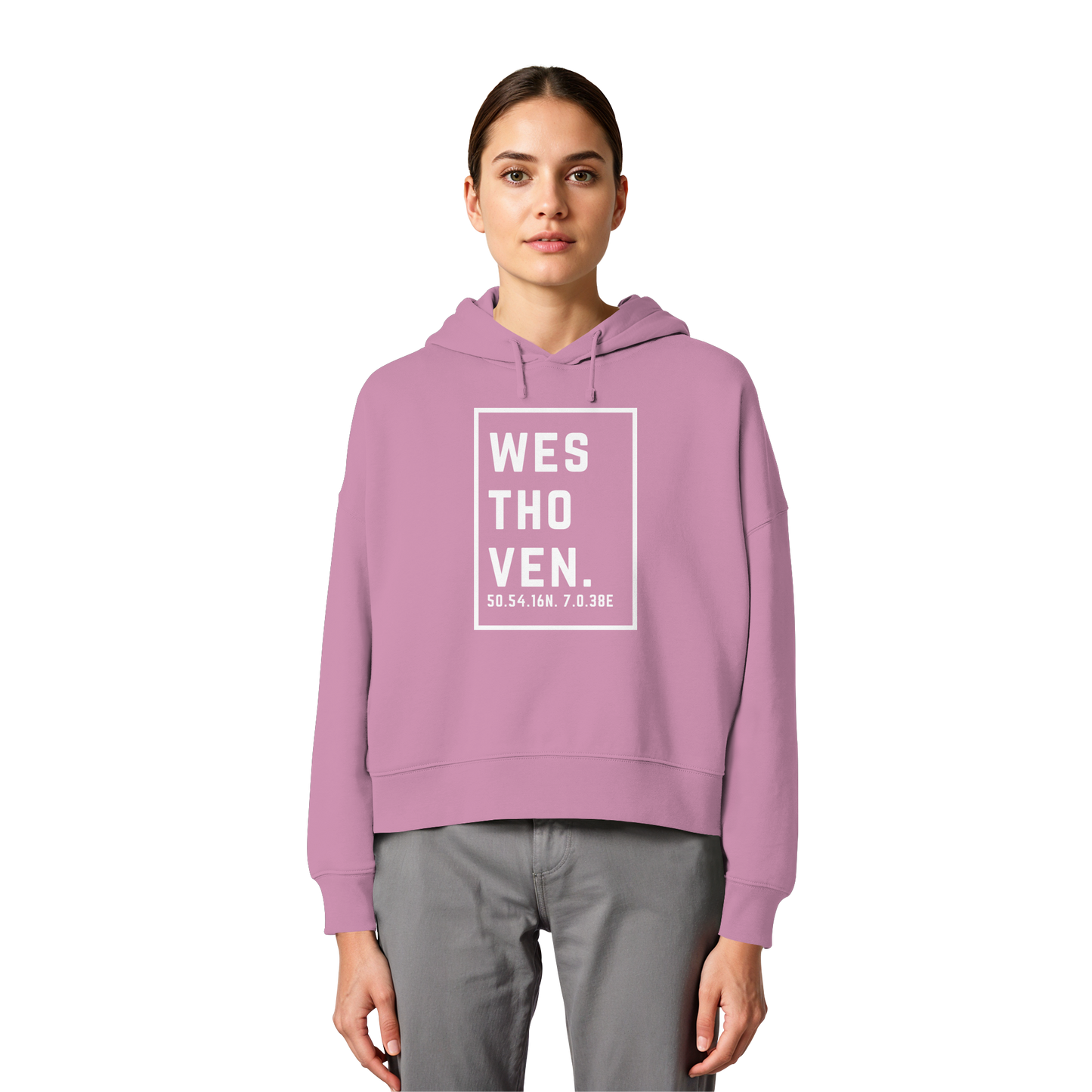 Westhoven Koordinaten (großer Druck auf der Brust) - Womens Organic Boxcut Hoodie
