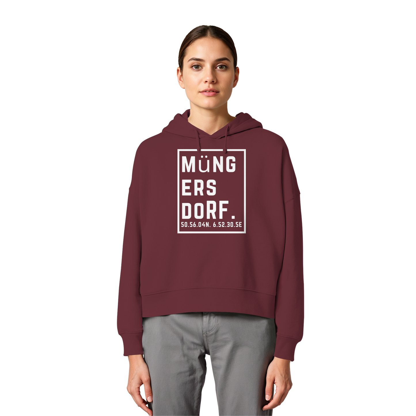 Müngersdorf Koordinaten (großer Druck auf der Brust) - Womens Organic Boxcut Hoodie
