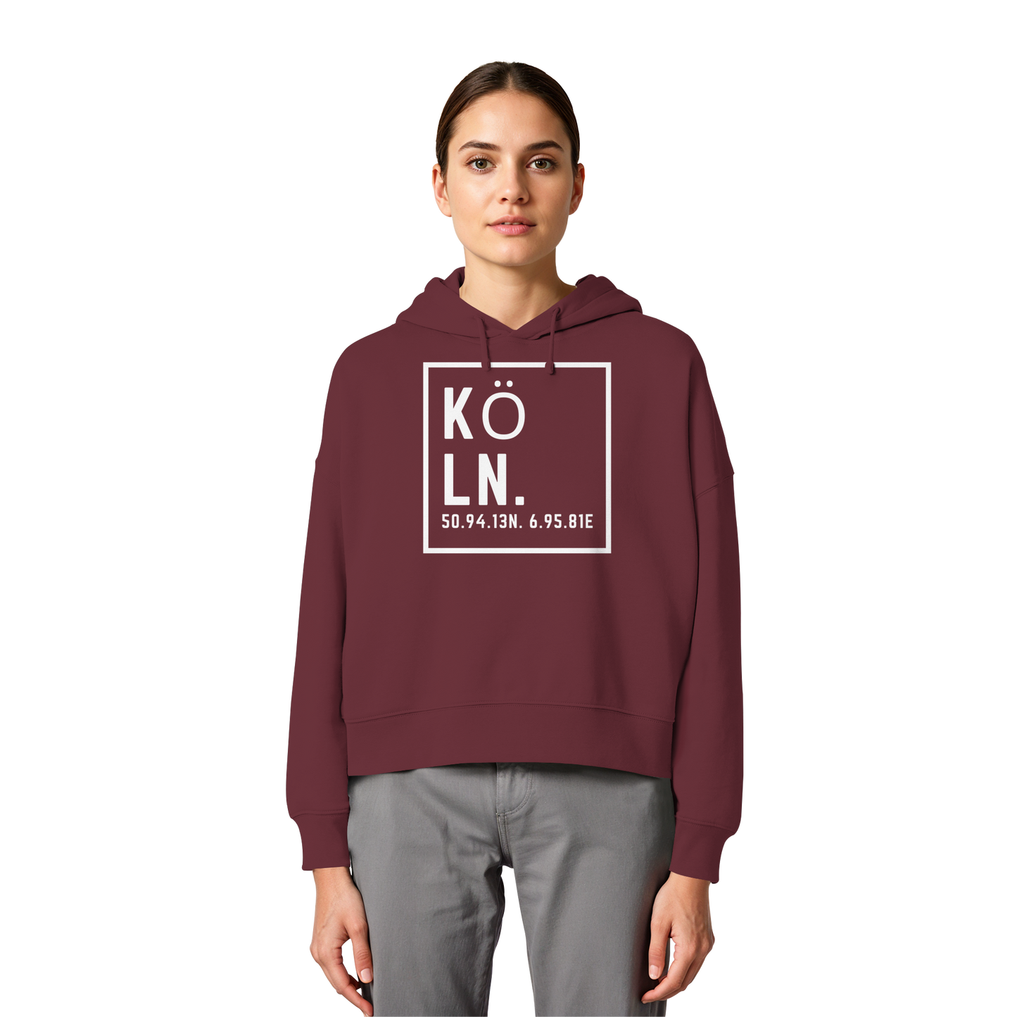 Köln Koordinaten (großer Druck auf der Brust) - Womens Organic Boxcut Hoodie