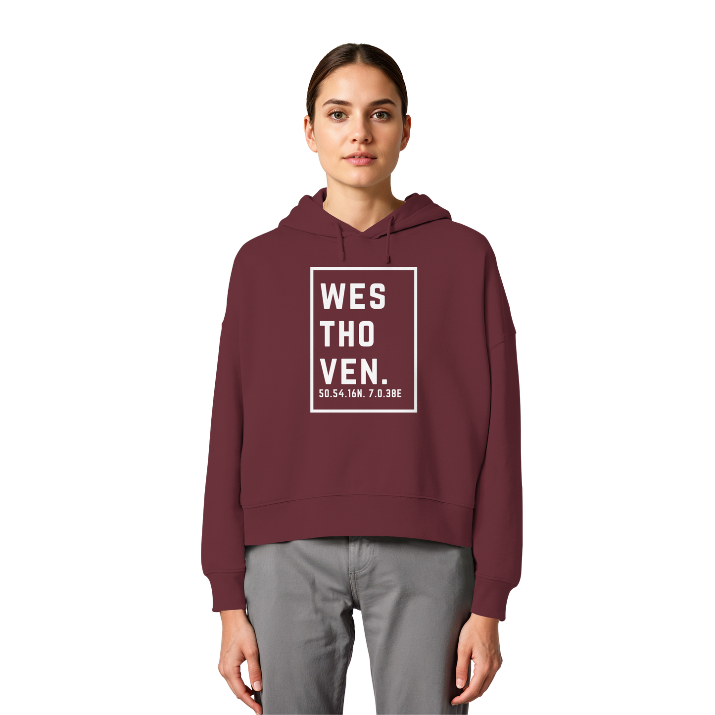 Westhoven Koordinaten (großer Druck auf der Brust) - Womens Organic Boxcut Hoodie