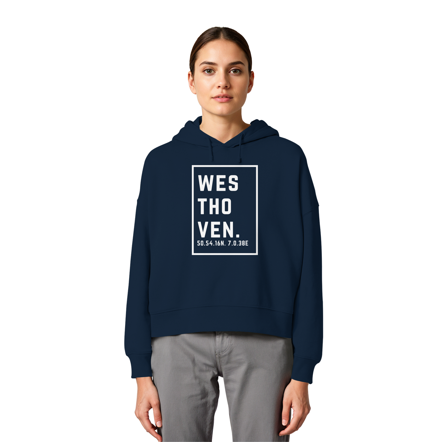 Westhoven Koordinaten (großer Druck auf der Brust) - Womens Organic Boxcut Hoodie