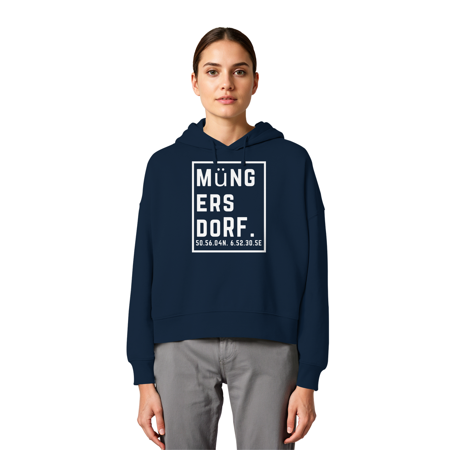 Müngersdorf Koordinaten (großer Druck auf der Brust) - Womens Organic Boxcut Hoodie