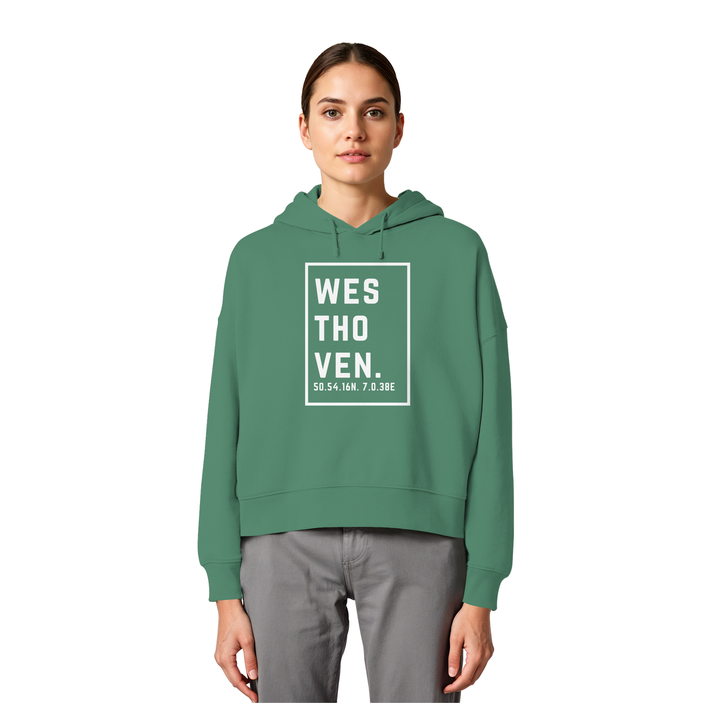 Westhoven Koordinaten (großer Druck auf der Brust) - Womens Organic Boxcut Hoodie