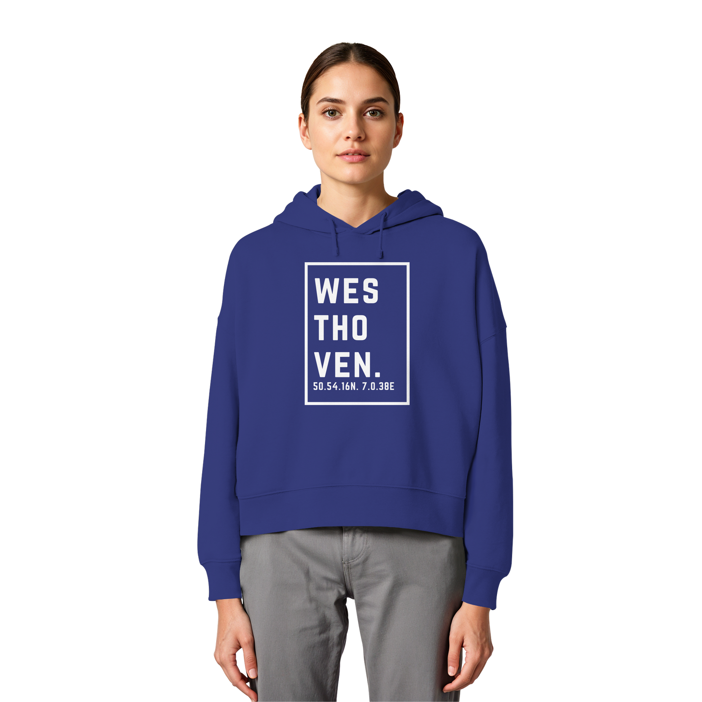 Westhoven Koordinaten (großer Druck auf der Brust) - Womens Organic Boxcut Hoodie